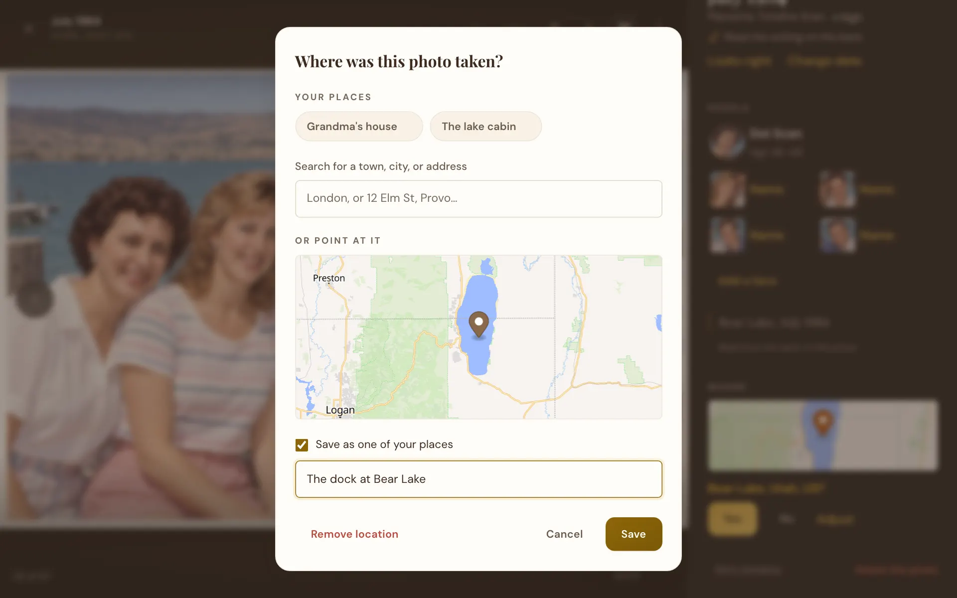The place picker with Save as one of your places ticked and a name typed for it