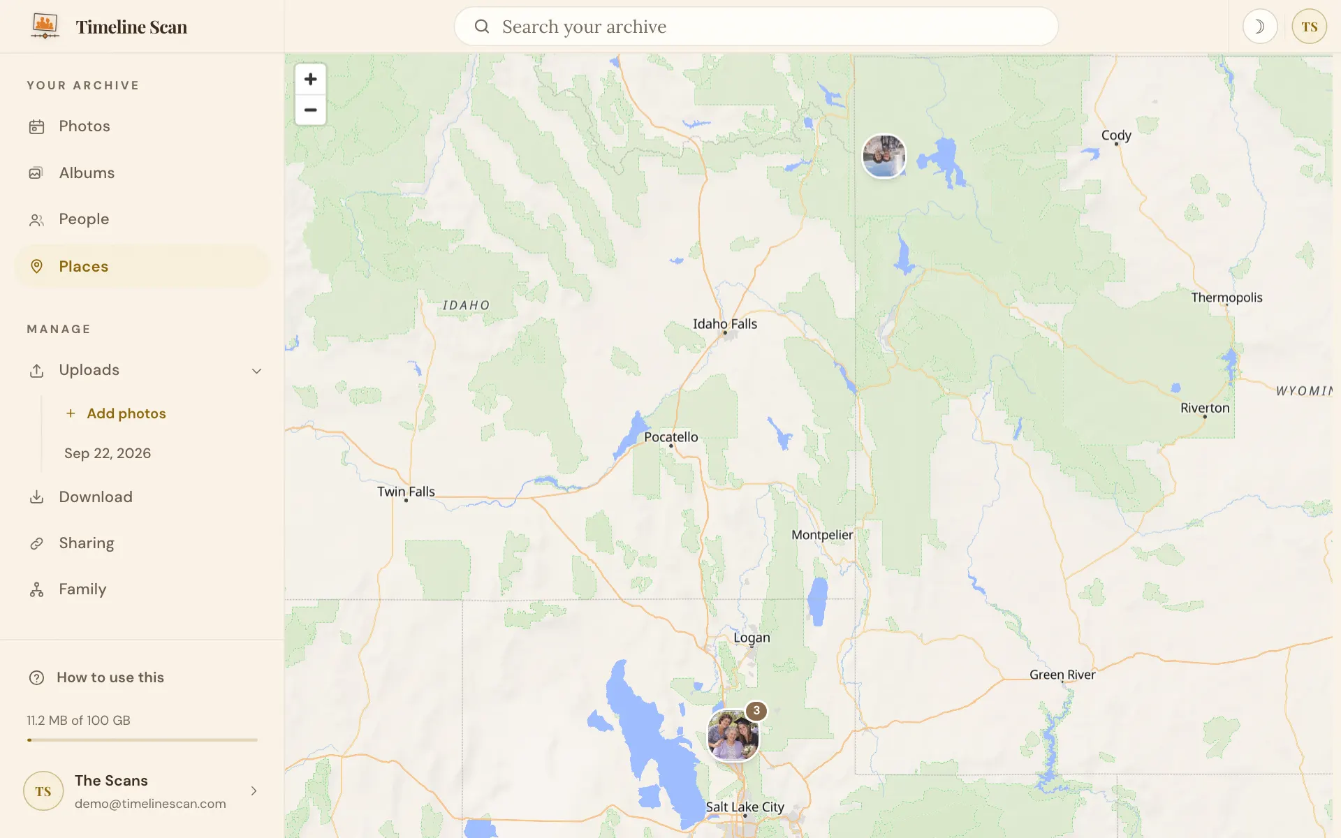 The Places map with pins spread across a region
