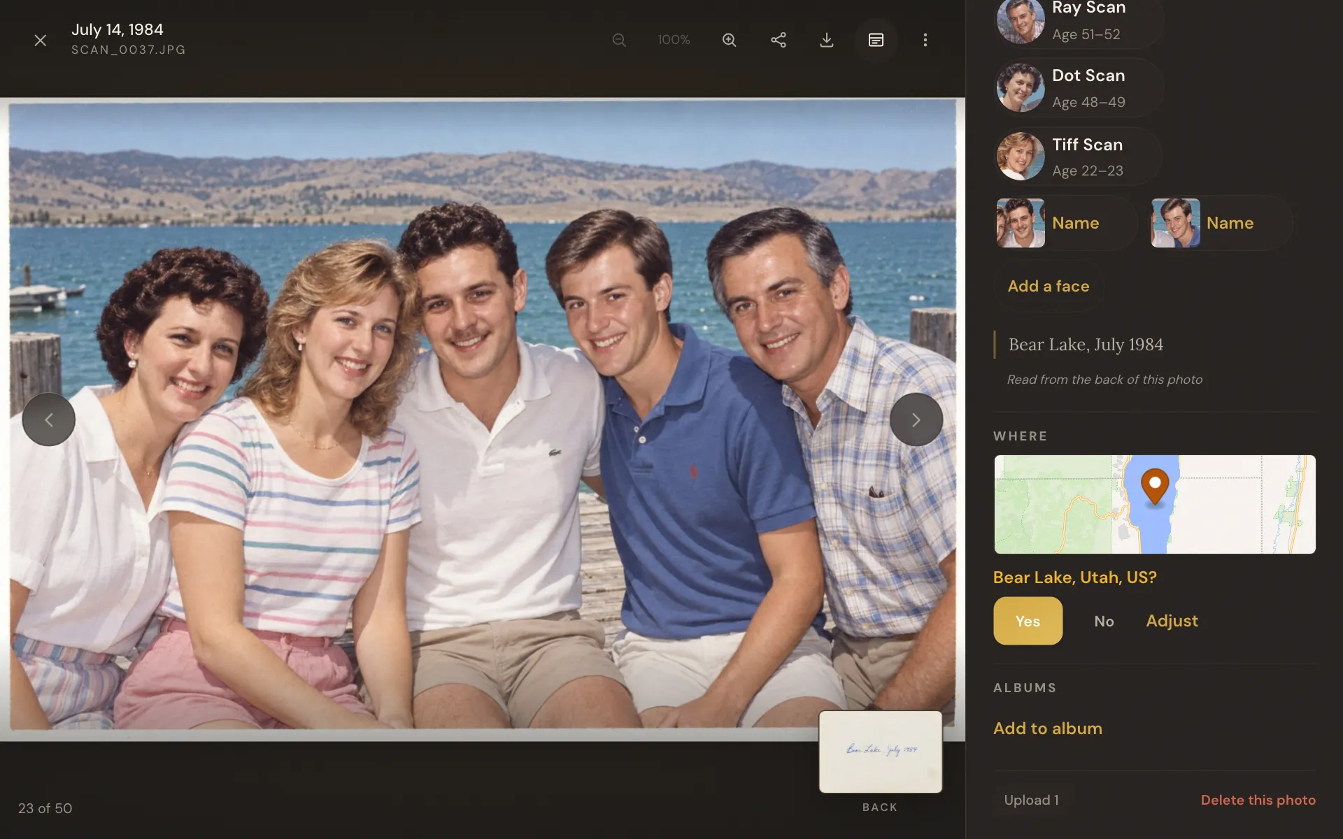 A photo open full size with a place suggestion under it and a Yes button