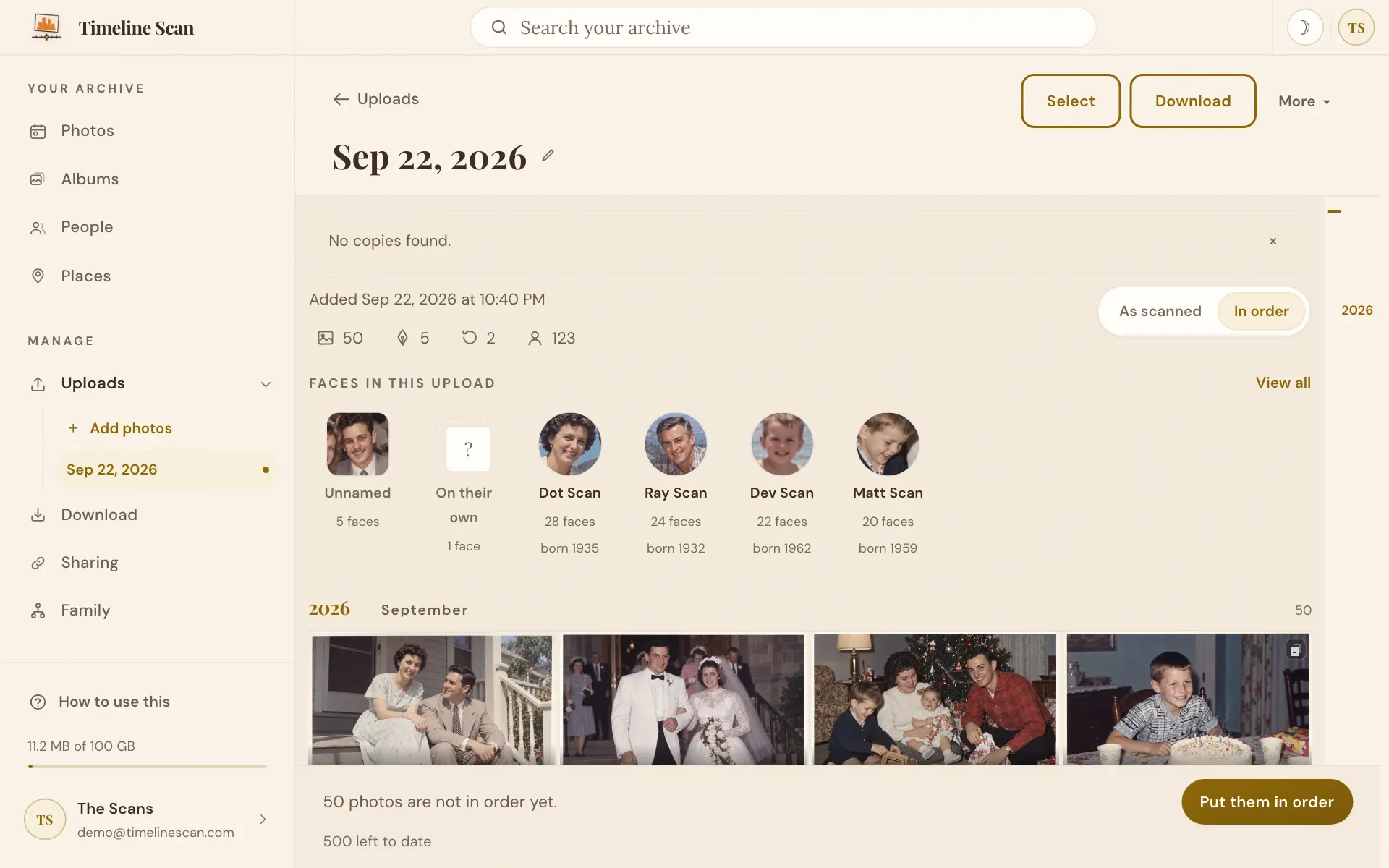 The upload page offering Put them in order at its foot, with the photos left to date under it