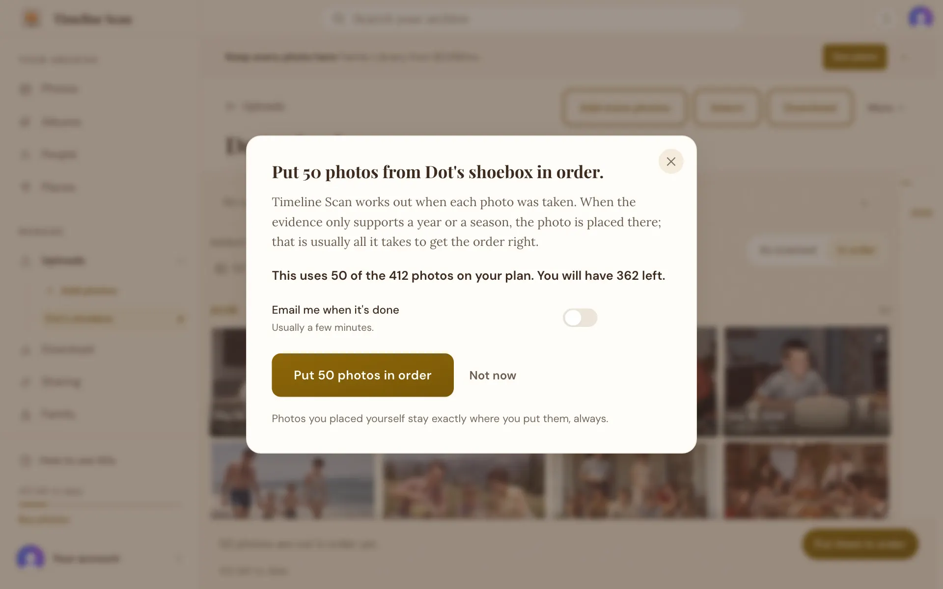 A sheet naming how many photos will be put in order, with an email switch and the button that starts it