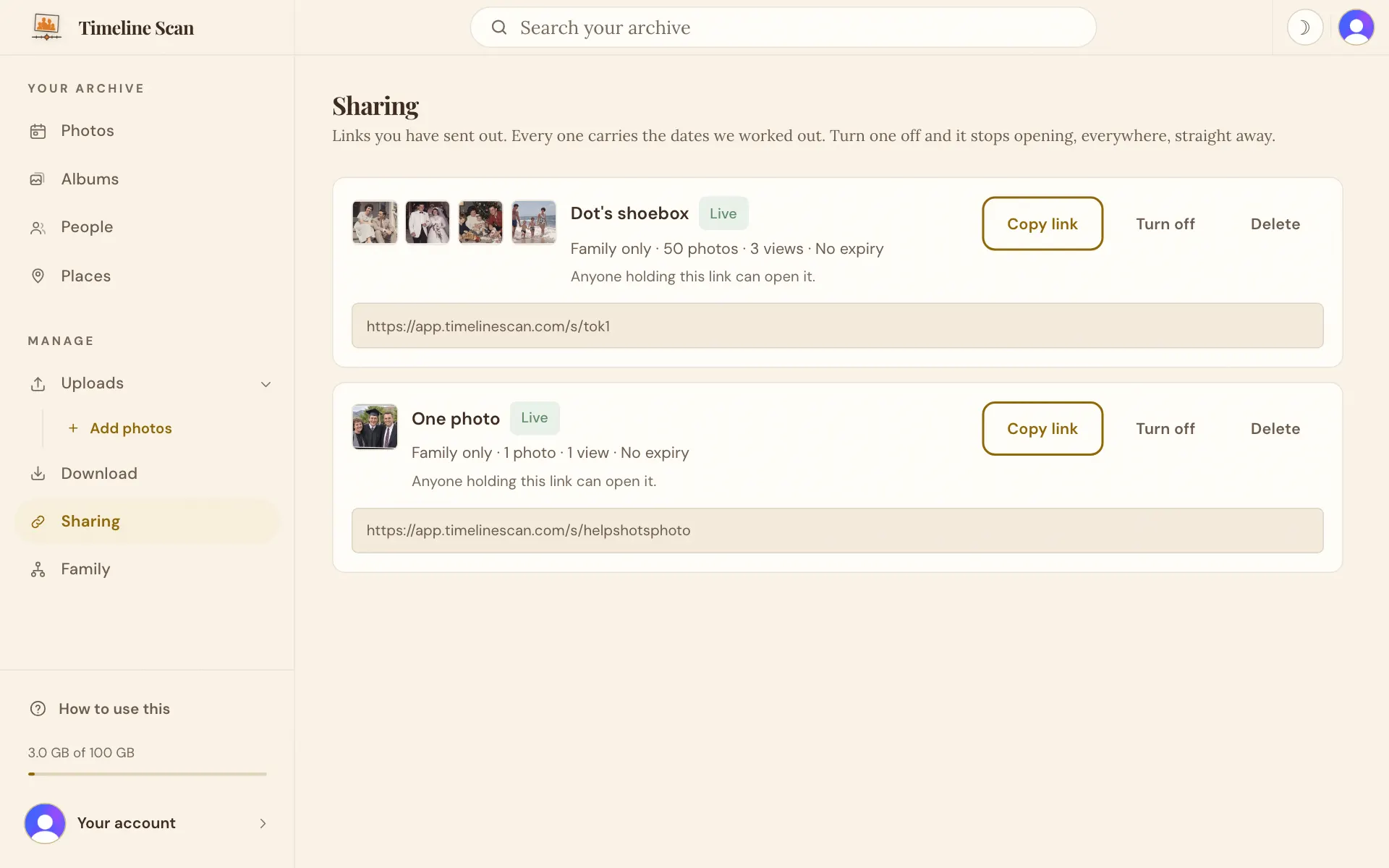 The Sharing page listing a share link with its settings