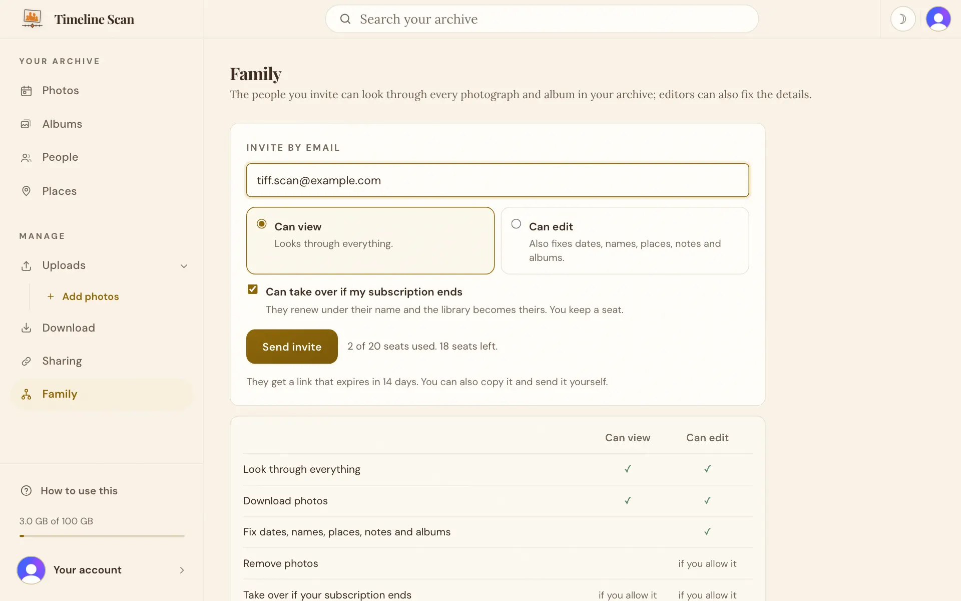 The two choices under the address, Can view and Can edit