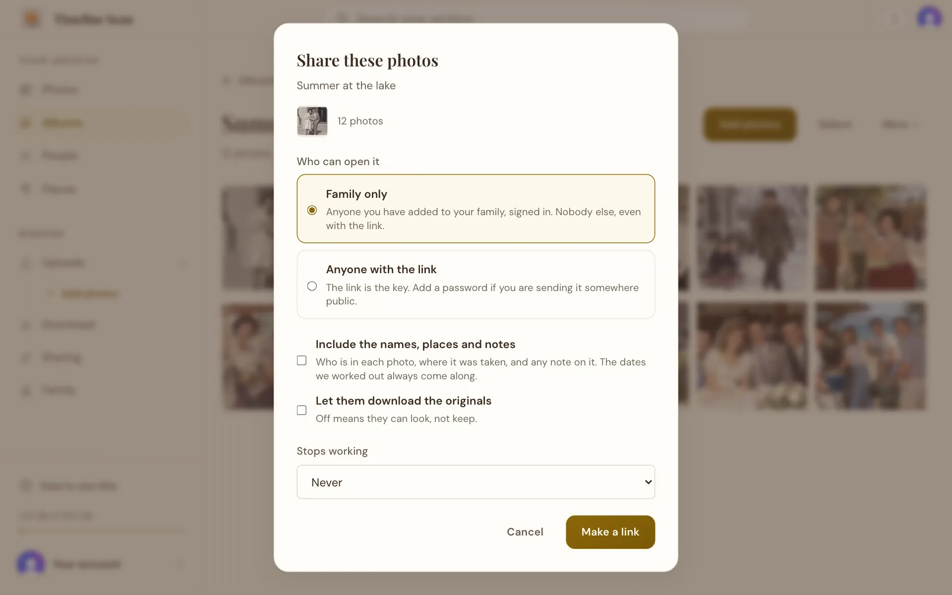 The Share these photos dialog: family only or anyone with the link, and a Make a link button