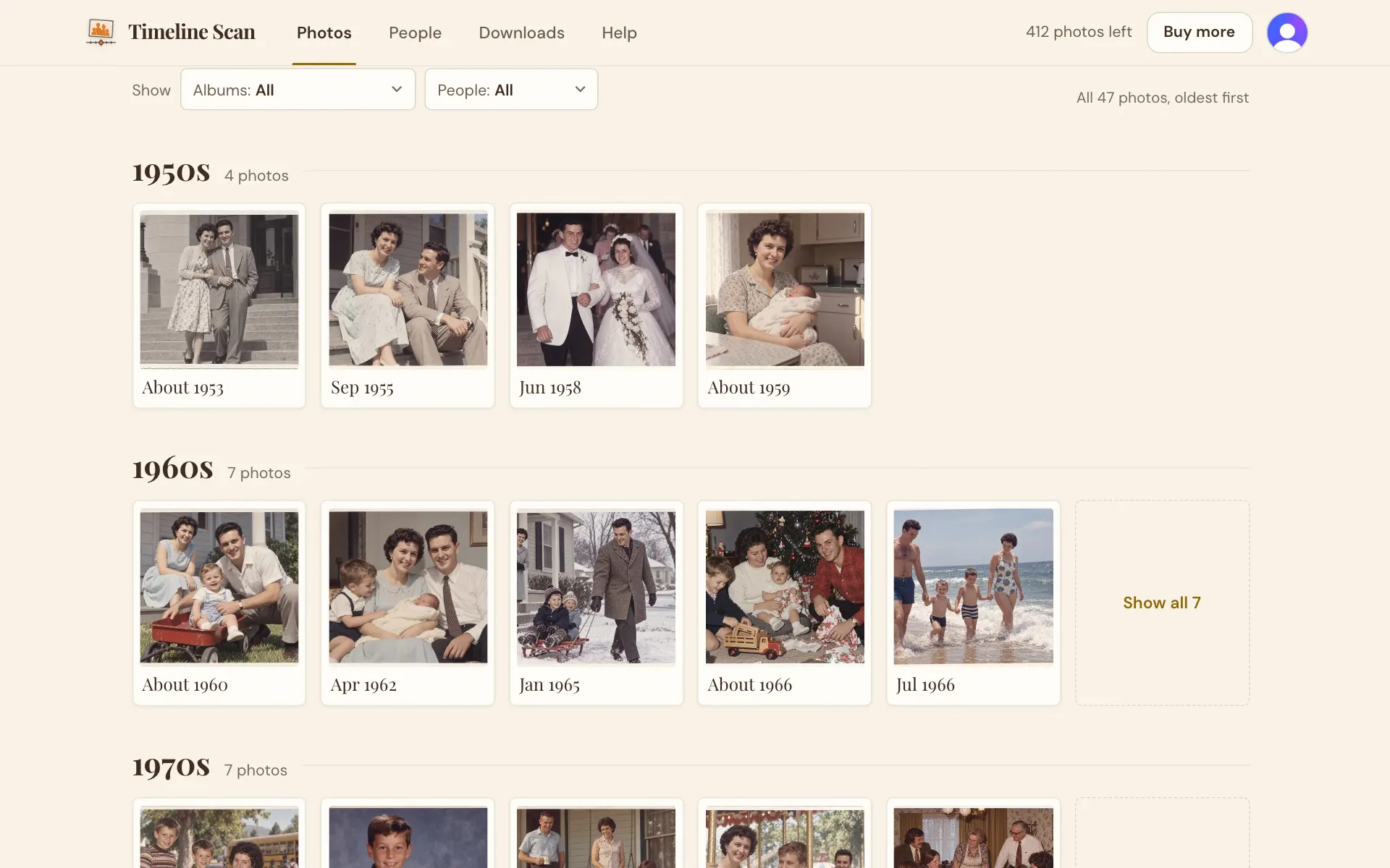 A decade's row of photos with Show all beside its count