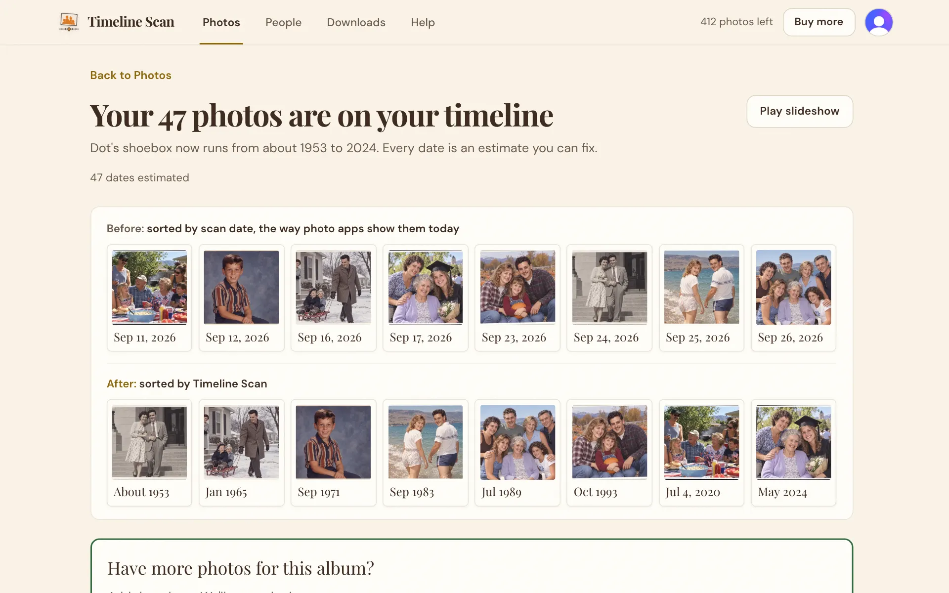 An album's results saying how many photos are on your timeline and the years they span