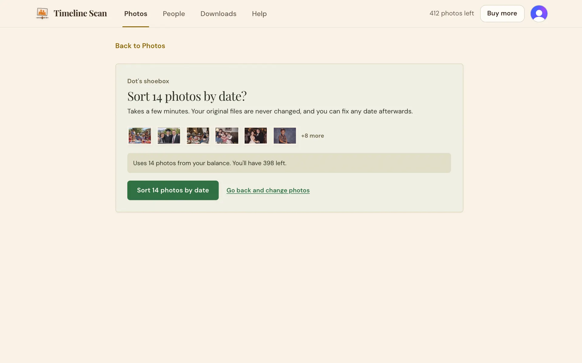 The card that sorts the photos by date, with Go back and change photos beside its Sort button