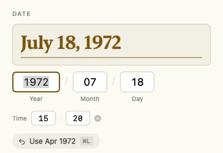 A close-up of the date panel: a large serif stamp reading July 18 1972, the year month and day boxes, a time row holding 15 and 20, and a chip reading Use Apr 1972 with the Command L shortcut