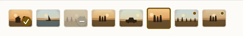 A close-up of the filmstrip: eight thumbnails, the first with a check disc, the third dimmed with a dash, the sixth ringed in amber as the current photo, and the last two carrying small amber dots