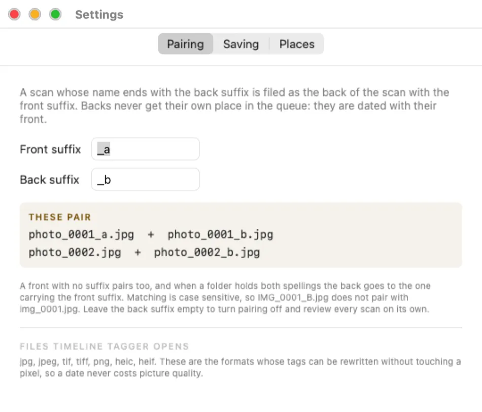 The Pairing pane of Timeline Tagger settings, with the front suffix set to _a, the back suffix set to _b, and a worked example showing which filenames pair